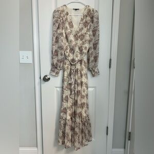 GibsonLook Cream and Brown Floral Long Sleeve Dress XS